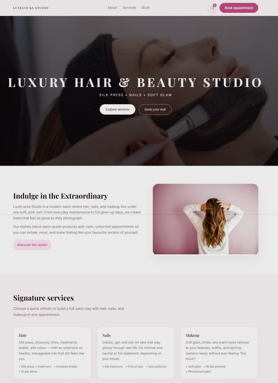 Salon website homepage