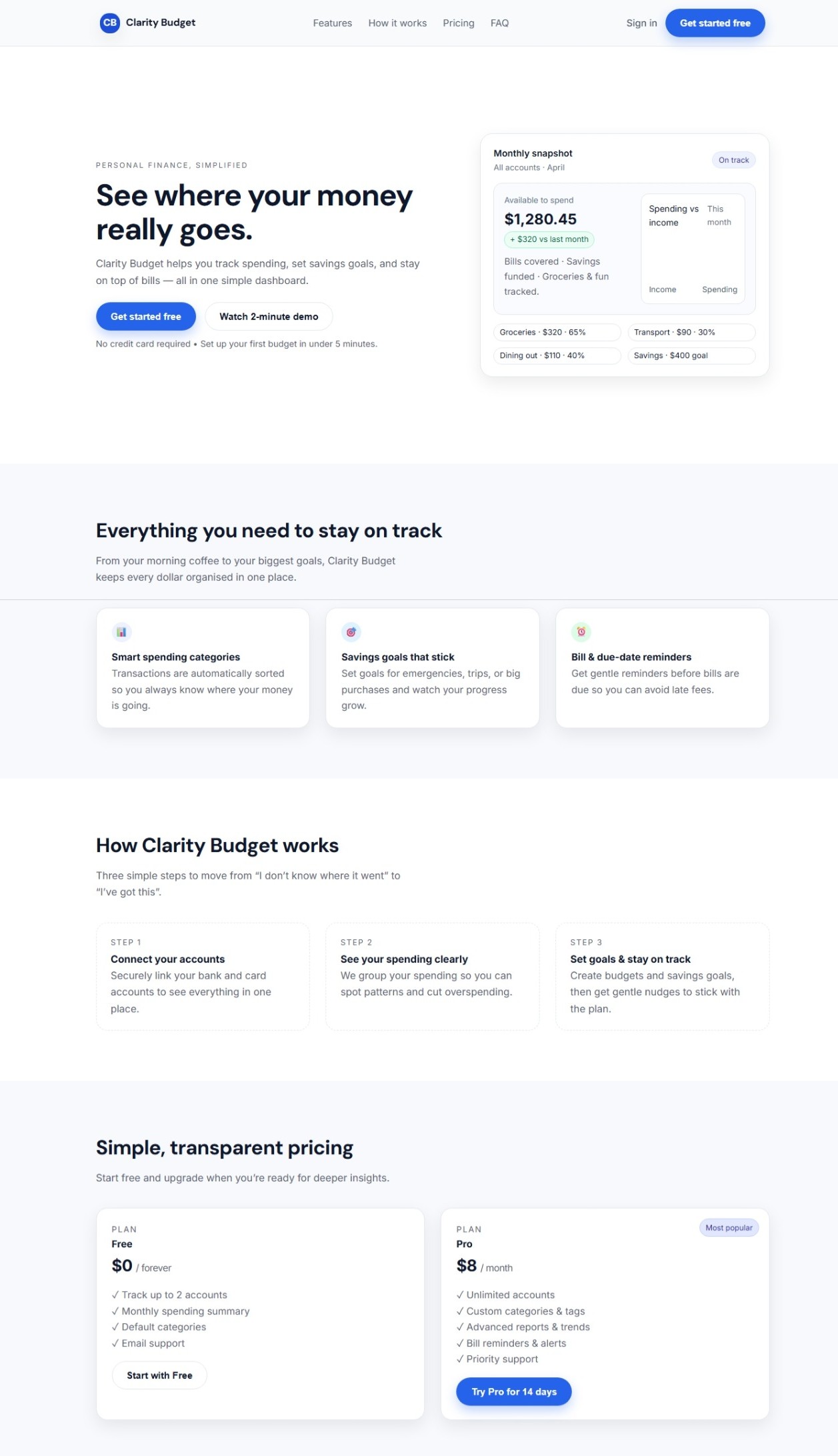 Personal finance landing page